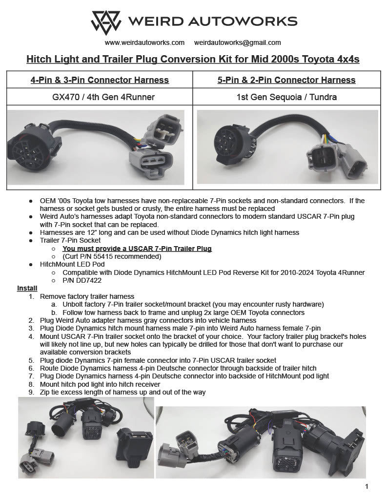 Hitch Light and Trailer Plug Conversion Kit for Mid 2000s Toyota 4x4s (GX470, 4th Gen 4Runner, 1st Gen Tundra & Sequoia)