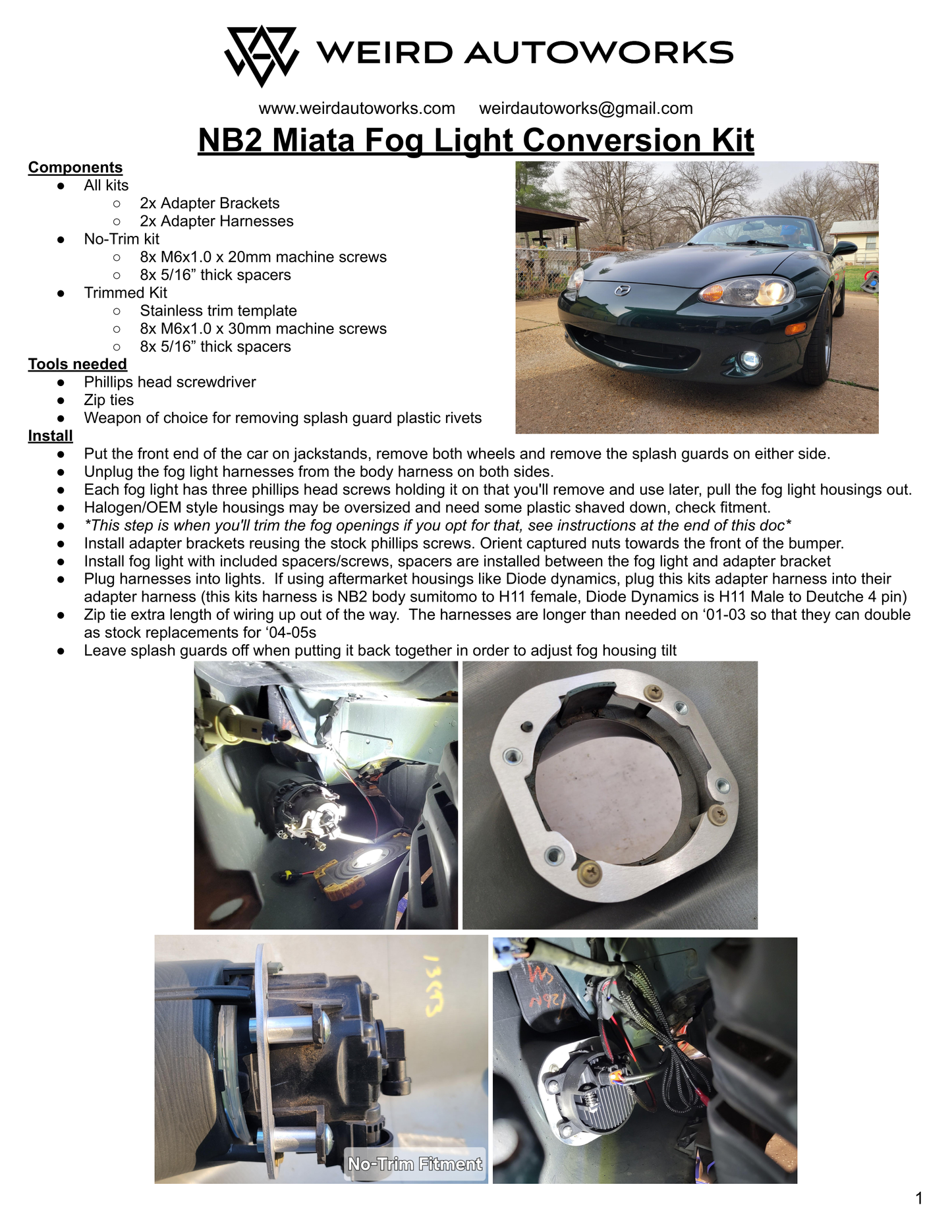 NB2 (01-03) Miata Fog Light Conversion Kit
